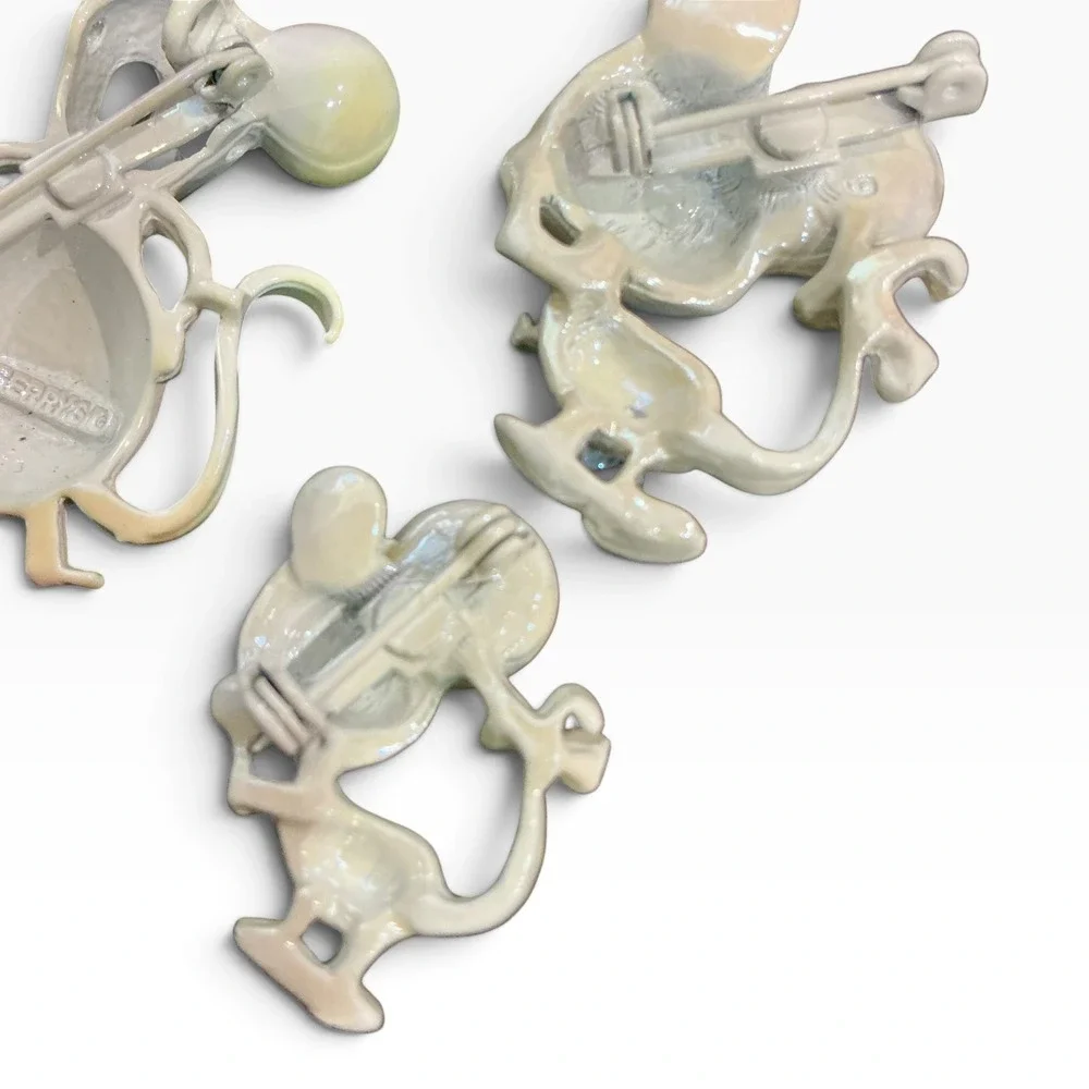 Vintage Gerry's Mouse Brooch Lot Iridescent White Enamel Rhinestone Eyes 3 Pc